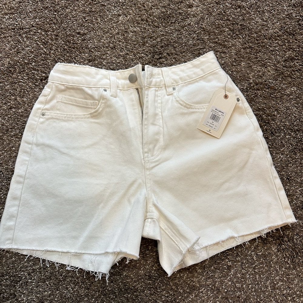 Billabong White Jean Shorts with High-Waisted Fit and Frayed Hem